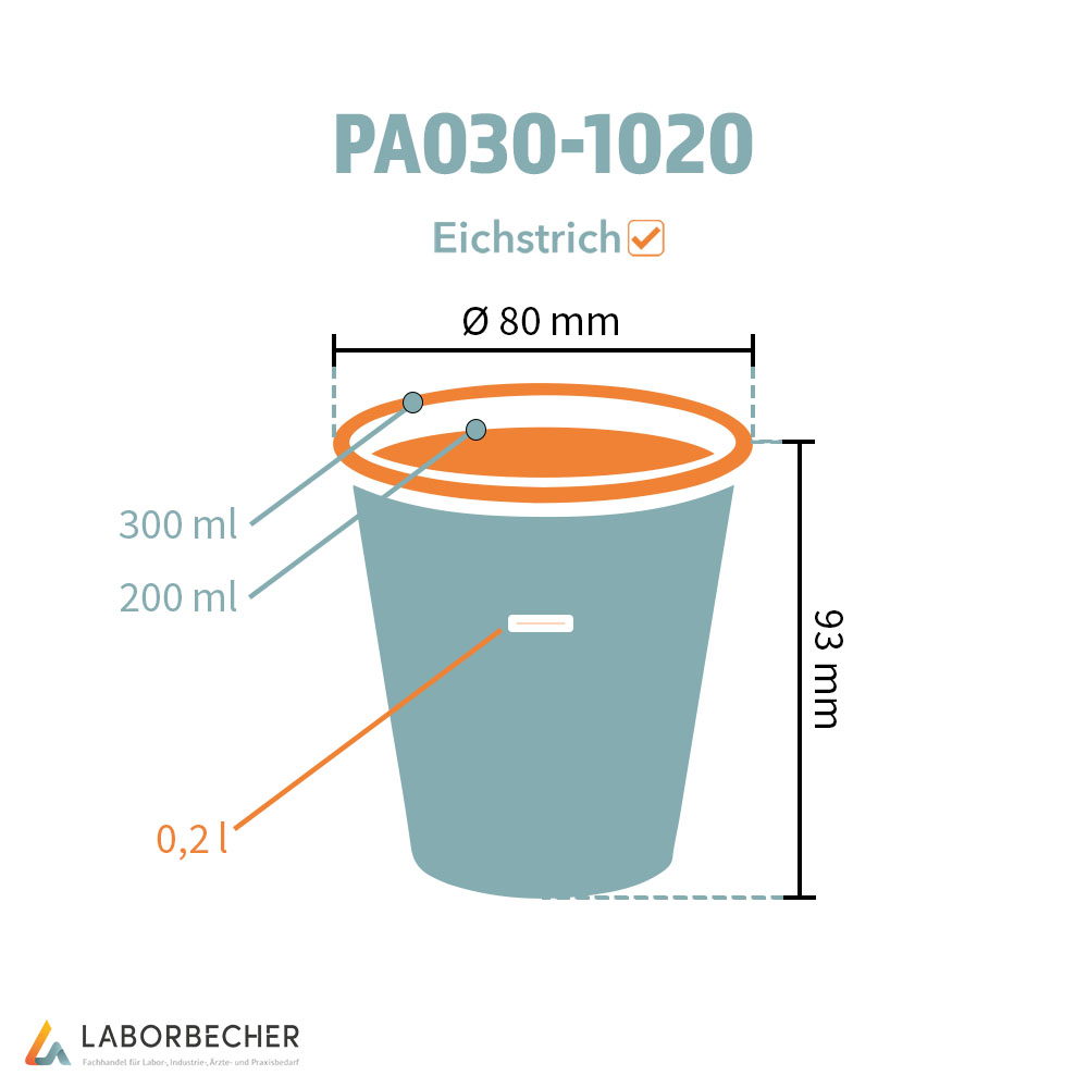 Hartpapierbecher 300 ml max., Ø 80 x H 93 mm, 200 ml, PAP/PE, weiß mit Eichstrich 0,2 l - 2000 Stück