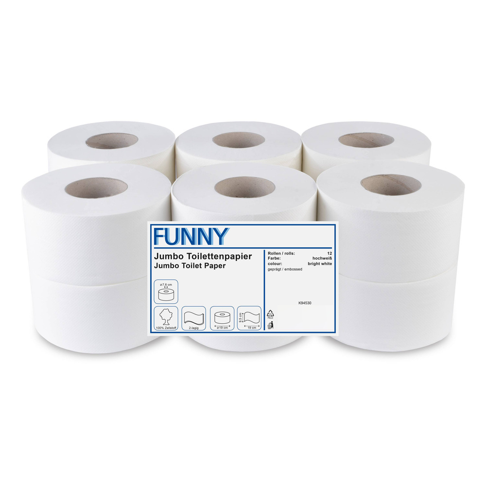 Jumbo-Toilettenpapier, 2-lagig, Zellstoff - 12 Rollen