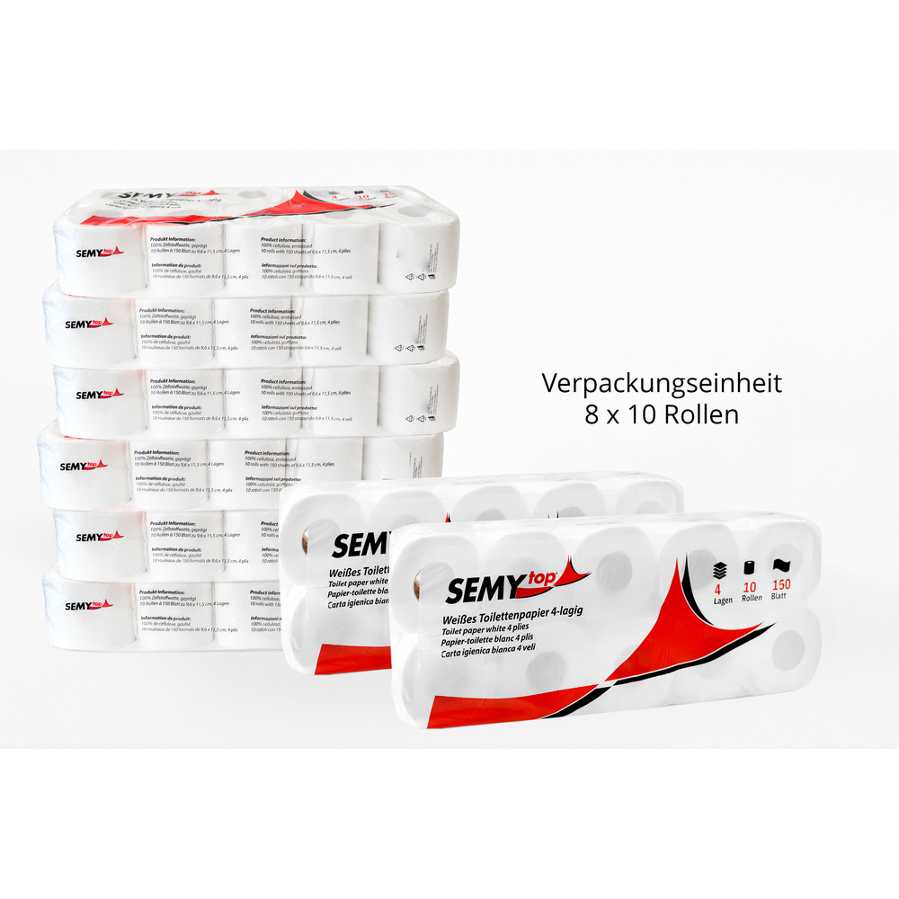 Toilettenpapier 4-lagig, 150 Blatt, Zellstoff - 80 Rollen