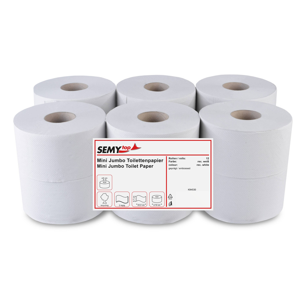 Jumbo-Toilettenpapier, 2-lagig, Recyclingpapier - 12 Rollen