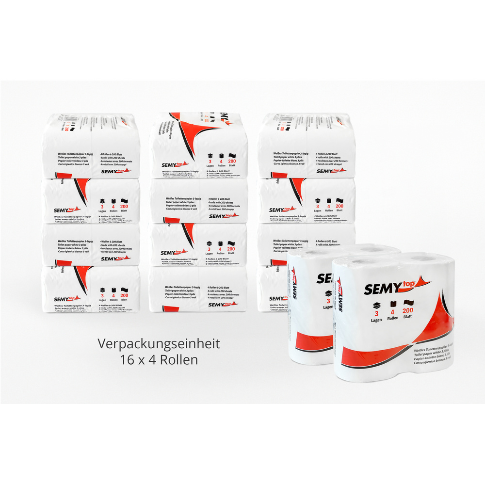 Toilettenpapier 3-lagig, 200 Blatt, Zellstoff - 64 Rollen