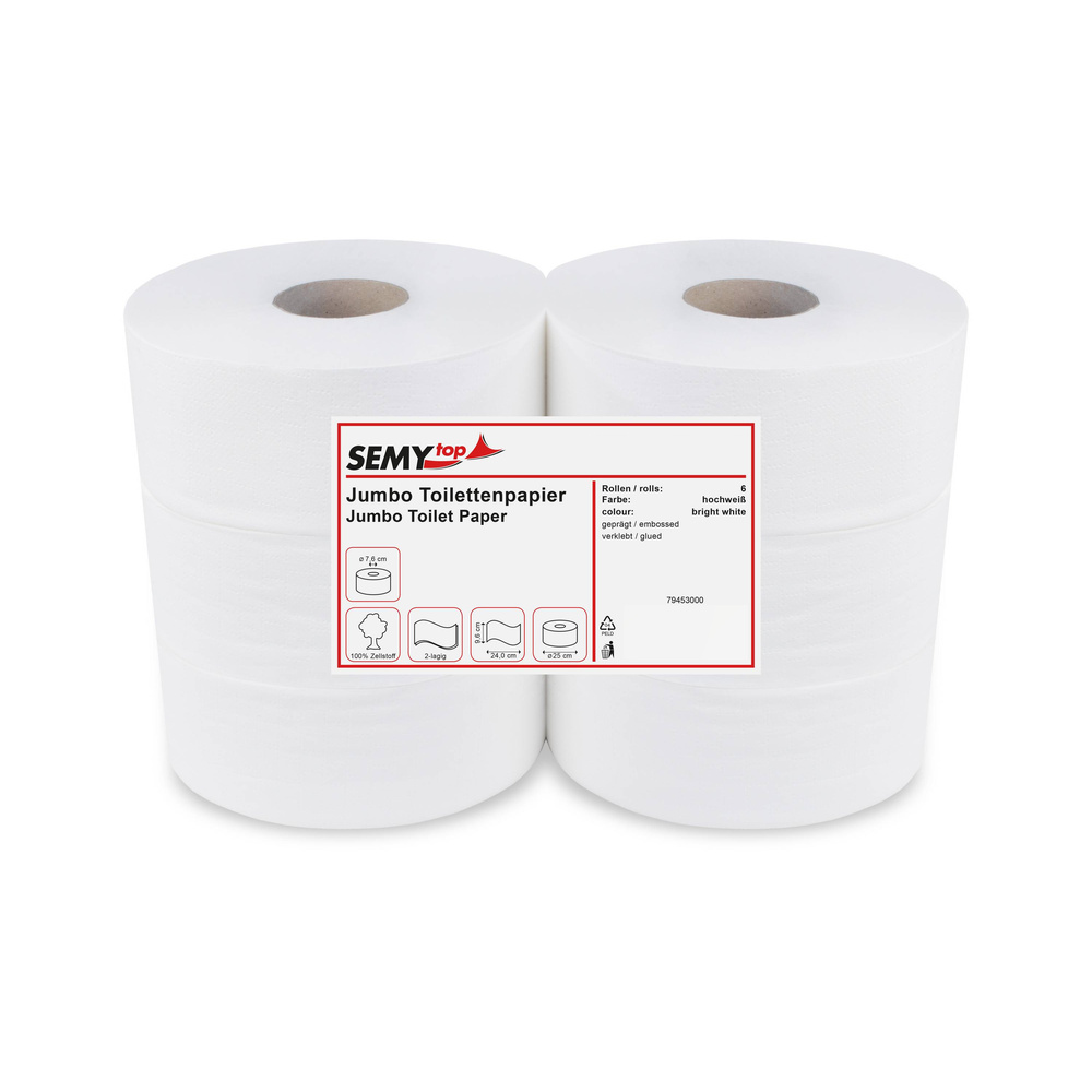 Jumbo-Toilettenpapier, 2-lagig, Zellstoff - 6 Rollen