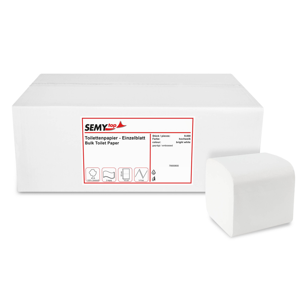 Toilettenpapier Einzelblatt, 100 x 210 mm, 2-lagig, Zellstoff - 9000 Blatt