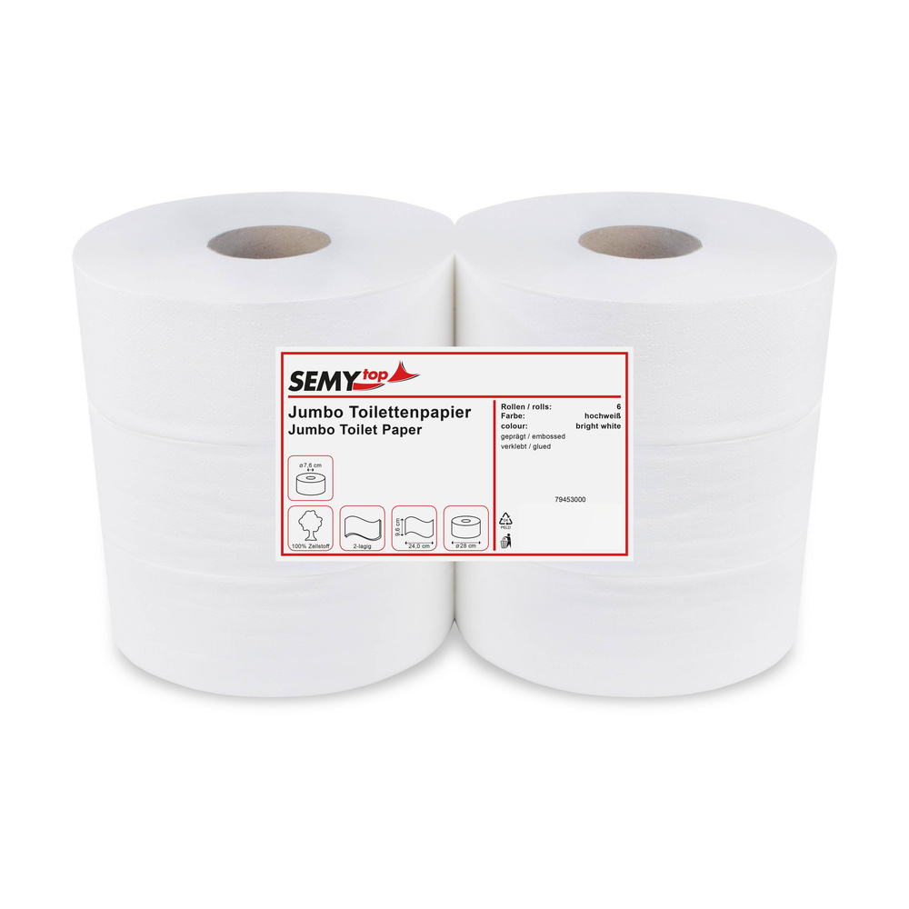 Jumbo-Toilettenpapier, 2-lagig, Zellstoff - 6 Rollen