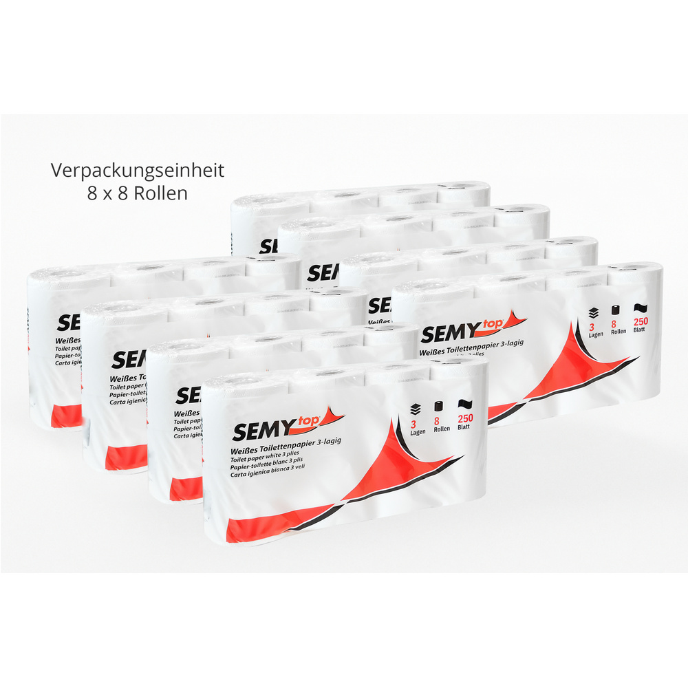 Toilettenpapier 3-lagig, 250 Blatt, Zellstoff - 64 Rollen